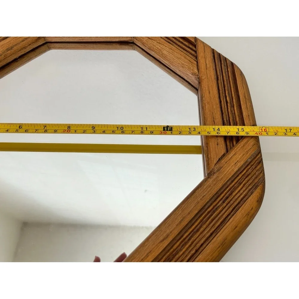 Vintage Mid Century Modern Walnut Octagon Wall Mirror 1970s Boho Wood Geometric